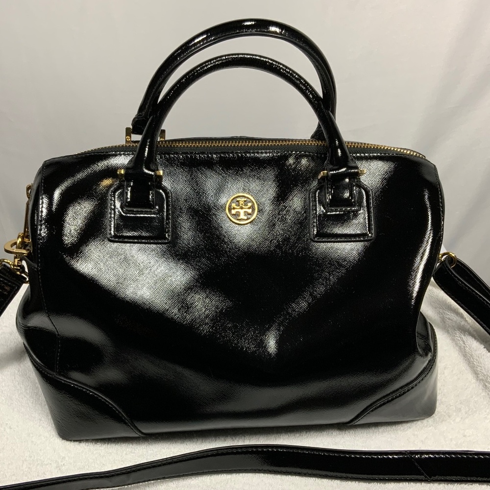 Tory Burch Black Patent Leather Large Satchel Shoulder Bag